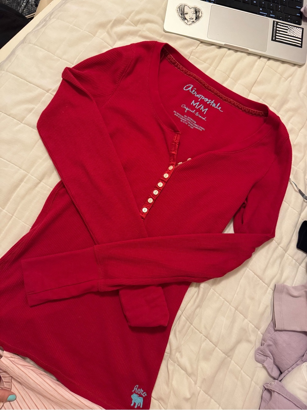 Aeropostale Women's Red Long-Sleeve Henley Thermal Top